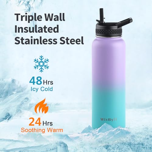 64 oz Insulated Water Bottle with Straw (Cold for 48 Hrs), Half Gallon Stainless Steel Triple Wall Vacuum Sports Water Jug, Leakproof Hydro Cup Flask with Straw Spout Lids & DIY Stickers