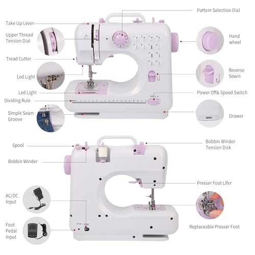 Sewing Machine for Beginners and Kids with Extension Table,Portable Mini Sewing Machines with 12 Built-in Stitch Patterns,2 Speed Foot Pedal,Sewing Supplies Set