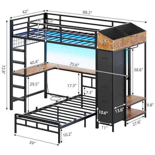 VIAGDO Bunk Bed Twin Over Twin with Hall Tree, Charging Station and LED Lights, L-Shaped Bunk Bed with Desk, 5 Storage Drawers, Twin Bunk Beds with Guardrail & Stairs, No Box Spring Needed, Black