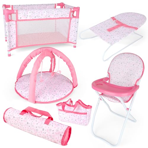 deAO Baby Doll Accessories Baby Doll Playset Doll High Chair Baby Doll Crib Bed Play Mat Storage Bag Handbag Wing - 6 in 1 Pink Dolls Playset with Furniture Toys for 12-14’’ Dolls