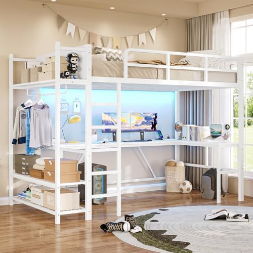 Itaar Twin Loft Bed with L-Shaped Desk, LED Lights and Charging Sation, Loft Bed Twin Size with 3-Tier Storage Shelves and Clothes Rail, Safety Guard & Ladder, No Box Spring Needed, Rustic Brown