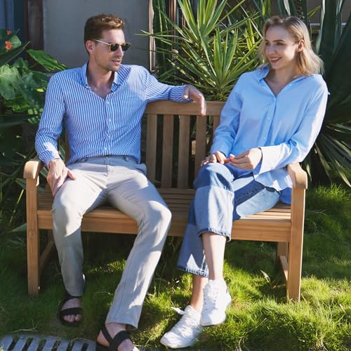 A-Grade Natural Teak Bench Whith one Table - Outdoor Garden Bench with Curved Backrest & Arch Armrest, Patio Bench - All-Weather 100% Solid Teak Wood 2-Person Park Bench for Yard, Lawn