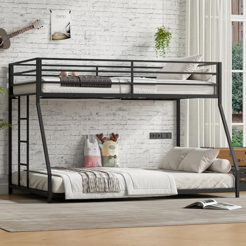 Heavy Duty Bunk Bed Frame with Ladder, Twin XL Over Twin XL Bunk Beds with Safety Guardrails, Adults Bunk Beds with Noise-Reducing Rubber Stoppers, Easy Assemble, Black