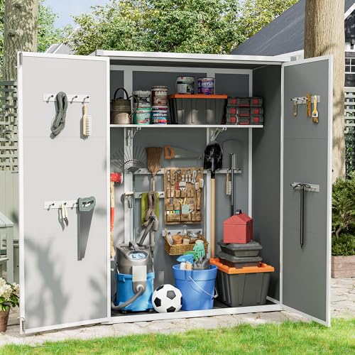 UDPATIO 38 Cu.ft Resin Outdoor Storage Shed, Vertical Tool Shed with Shelving Brackets for Patio Pool Lawn Garden, Grey