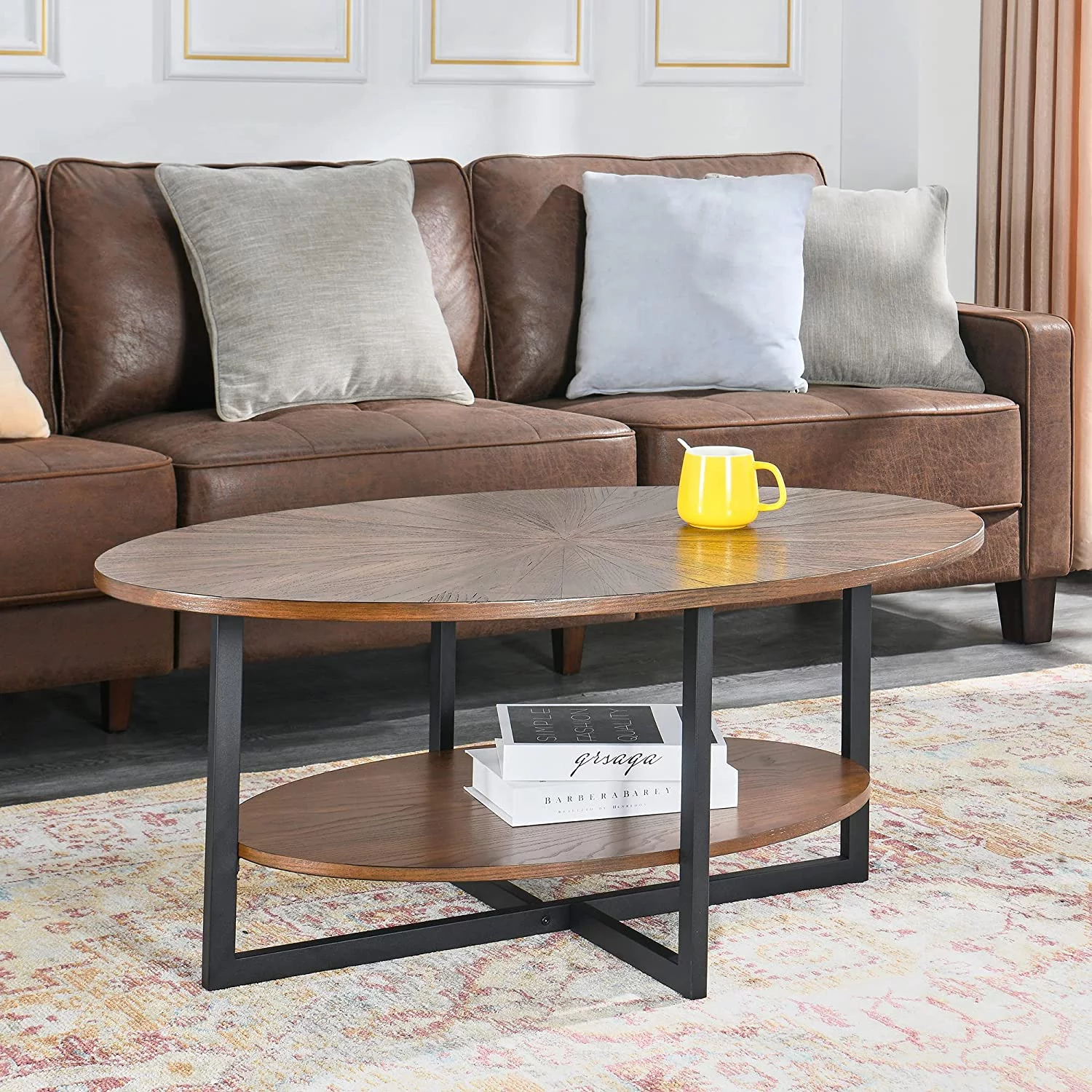 Wood Oval Coffee Table with Cross Metal Legs  43.3" 2-Tier Modern Industrail Center Table with Open Shelf Polished Edging Cocktail Tea Table for Living Room Bedroom Home  Rustic Natur