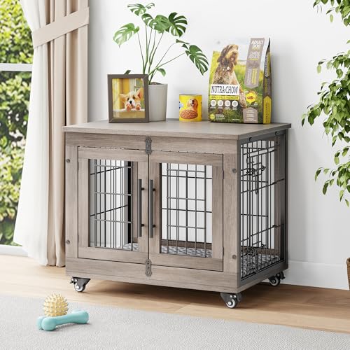 Dog Crate Furniture with Cushion, Wooden Dog Kennel Indoor with Double Doors, Dog Cage with Wheels, Dog House Side End Table for Small Medium Dogs up to 45 lb, 32.5” L, Rustic Brown