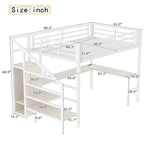 KEIKI Metal Loft Bed with L-Shaped Desk & Wardrobe – Queen High Sleeper – Built-in USB Ports, LED Lights & Adjustable Shelves, White