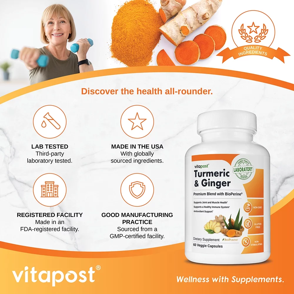 VitaPost Turmeric & Ginger Superfood Blend Supplement with BioPerine - 60 Capsules