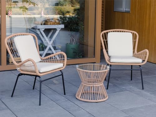 3 Piece Rattan Patio Bistro Set,Outdoor Wicker Furniture with 2 Chairs and Glass Top Table,Boho Style Patio Set for Small Spaces,Balconies,Decks,and Gardens,Comfortable Durable Outdoor Bistro Chairs