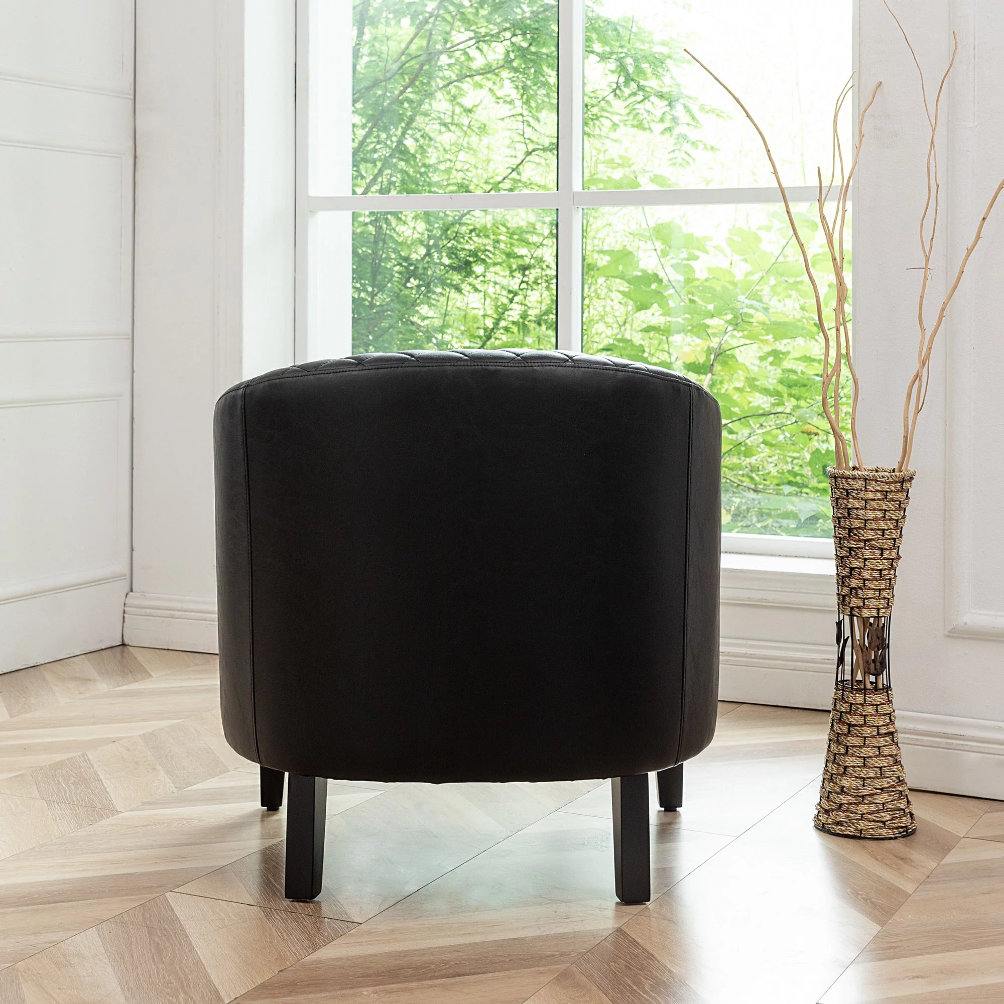 KINWELL Mid Century Modern Tufted Faux Leather Barrel Armchair Club Accent Nailhead Chair