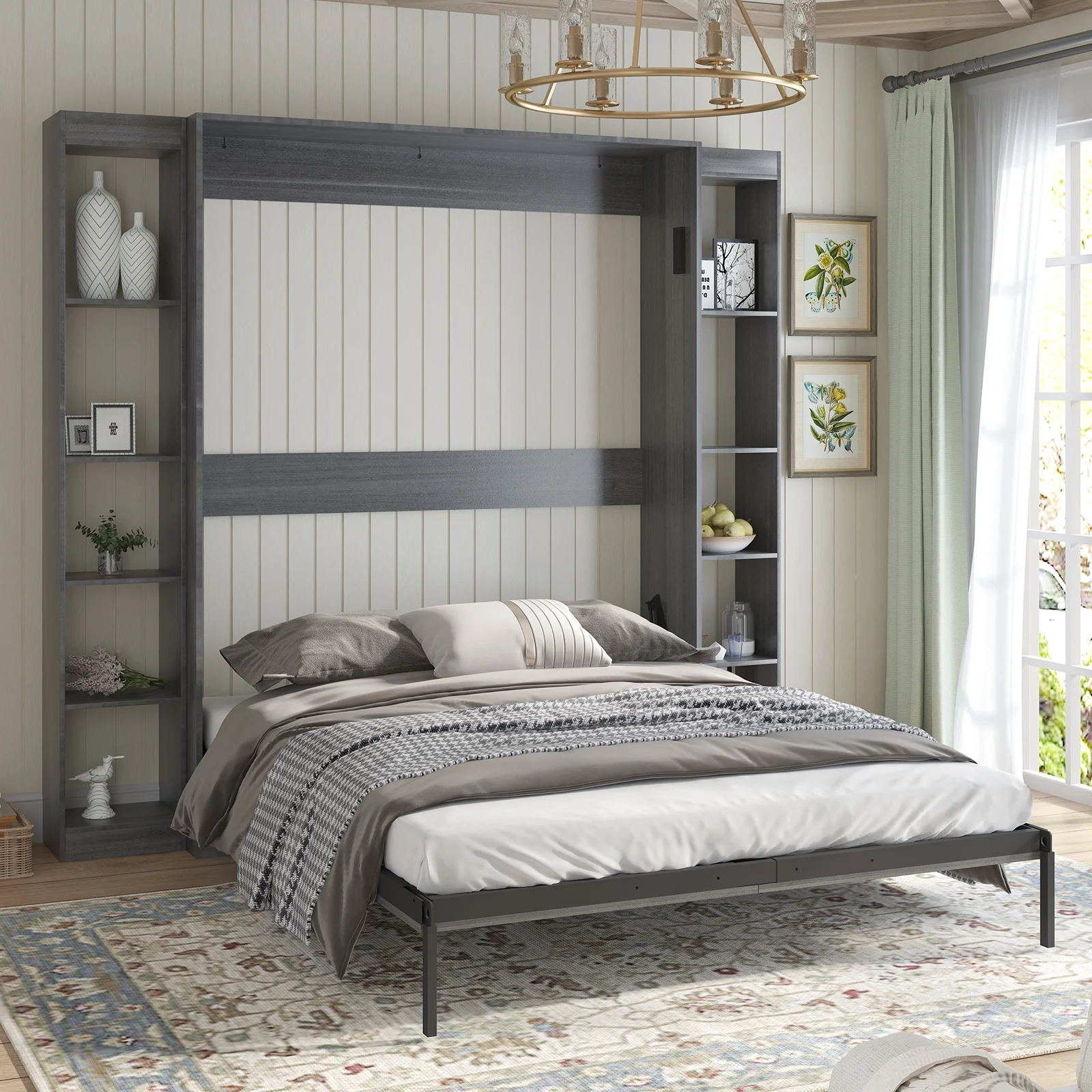 MUZZ Foldable Murphy Bed with 2 Sides Cabinet, Folding Wall Bed with Space Saving Design, Fold up Murphy Bed Cabinet for Storage, Multipurpose Cabinet Bed for Bedroom/Apartment (Style6+2,Dark Grey)