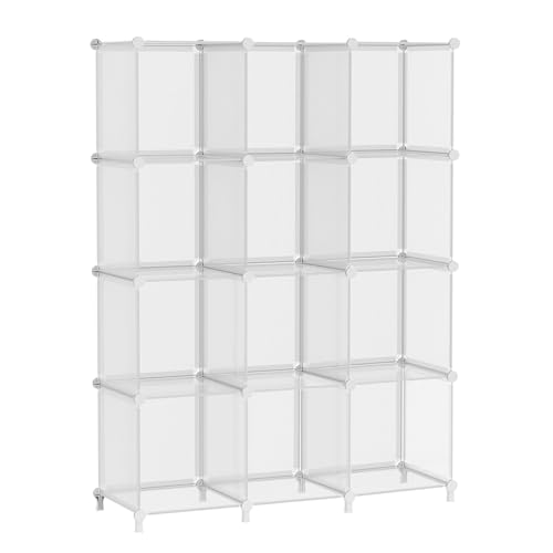 AWTATOS Cube Storage Organizer Storage 12 Cube Bookshelf DIY Plastic Closet Clothes Storage Shelves with Wooden Mallet, Stackable Storage Solution for Home, Bedroom, White
