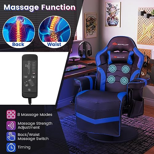 Gaming Recliner Adjustable Massage Gaming Chair with Cup Holder Footrest Ergonomic Single Sofa Living Room Home Theater Seating with Side Pouch, Blue