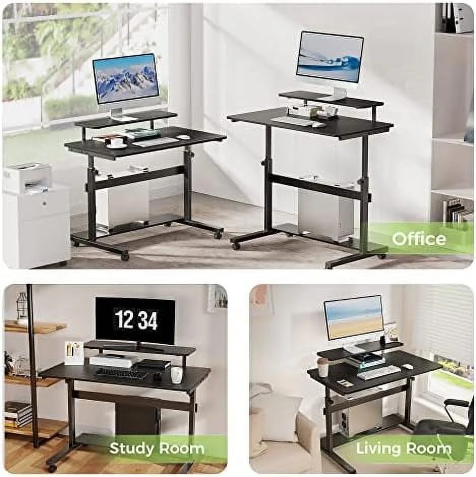 HJZBNONE Ergonomic Mobile Standing Desk 41 Inch  Lockable Home Office Height Adjustable Computer Desk PC Table with Hutch  Teak Top