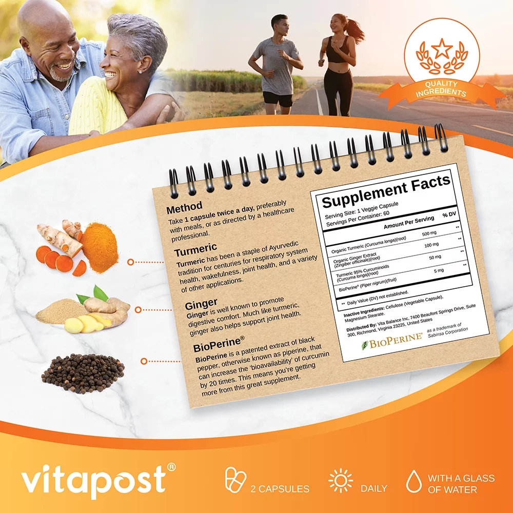 VitaPost Turmeric & Ginger Superfood Blend Supplement with BioPerine - 60 Capsules