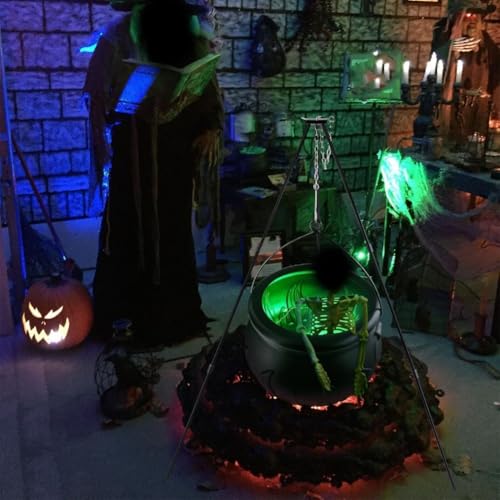 Halloween Witch Cauldron with Green String Lights, 51in Tripod Stand Black Pot Outdoor Indoor Yard and Porch Decoration for Spooky Party Display(Height130cm pan 20cm)