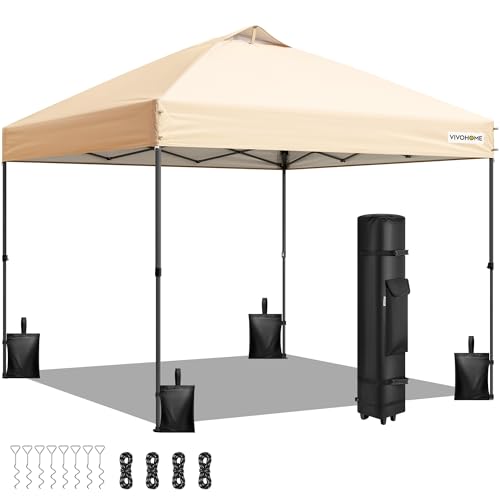 VIVOHOME 10x10ft Pop Up Canopy Tent One Push Setup Outdoor Portable Shelter Tent Heavy Duty with Wheel Carry Bag and 4 Sandbags, White
