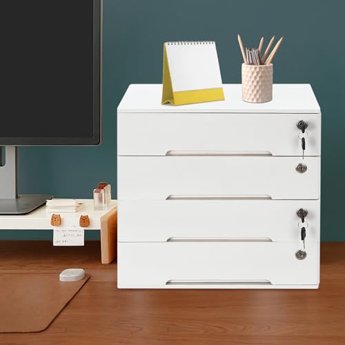 4 Drawers Wood Storage Box, Flat File Cabinet, Storage Cabinet Organizer with Lockable Drawers, Office Supplies File Organizer, Art Storage Cabinets, Multipurpose Tool Box for Home Office (Walnut)