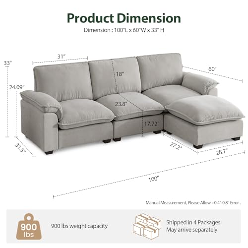 Cloud Couch Sectional for Living Room L Shaped Couch Modular Sectional Sofa Chenille Fabric for Apartment Ivory Beige