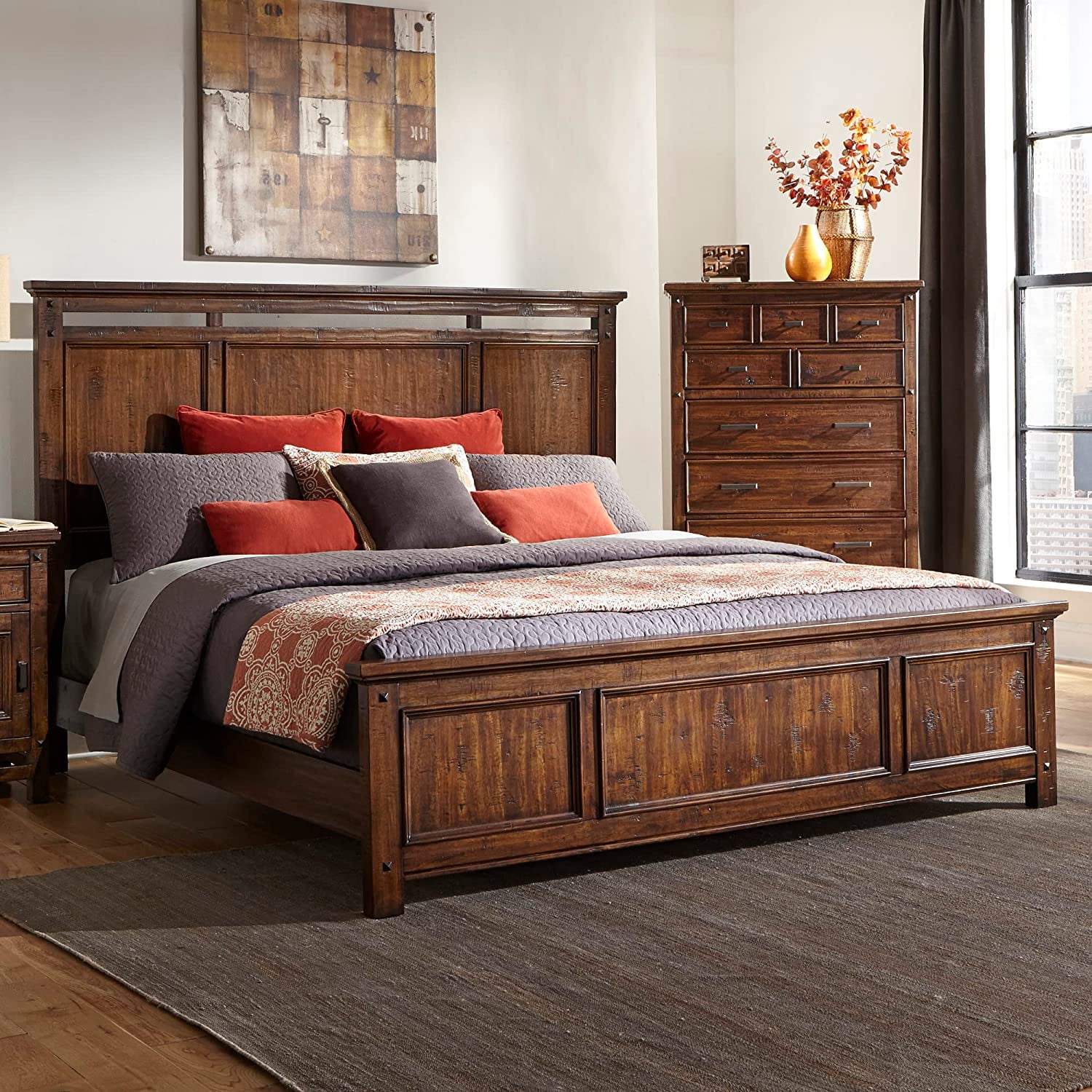 Minority Wolf Creek Panel Bed with Headboard and Footboard  Rustic Vintage Acacia  King Platform  Brown