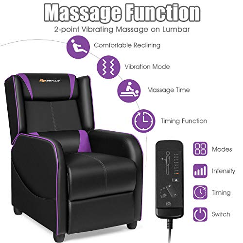 Goplus Massage Gaming Recliner Chair, Racing Style PU Leather Single Recliner Sofa with Footrest, Adjustable Modern Living Room Recliners, Ergonomic Home Theater Recliner Seat