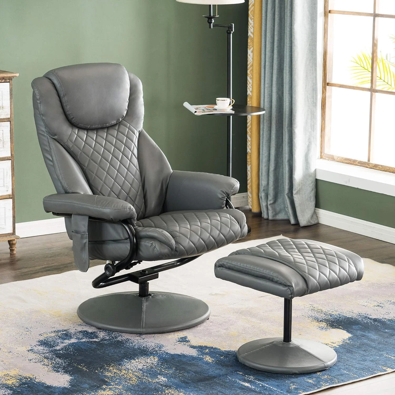 Recliner With Ottoman, Reclining Chair With Massage, 360 Swivel Living Room Chair Faux Leather, 4901 (Grey)