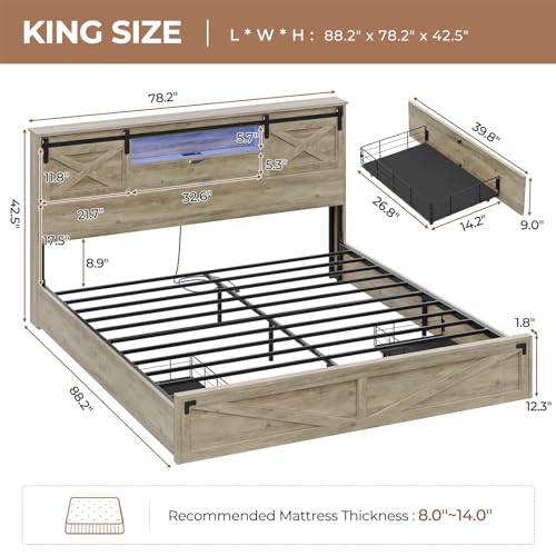 Hasuit Farmhouse Bed Frame California King Size with Storage Bookcase Headboard, Wooden Cal King Bed with LED Lights, Charging Station, 2 Drawers, Country Rustic Bed Frame with Sliding Barn Door