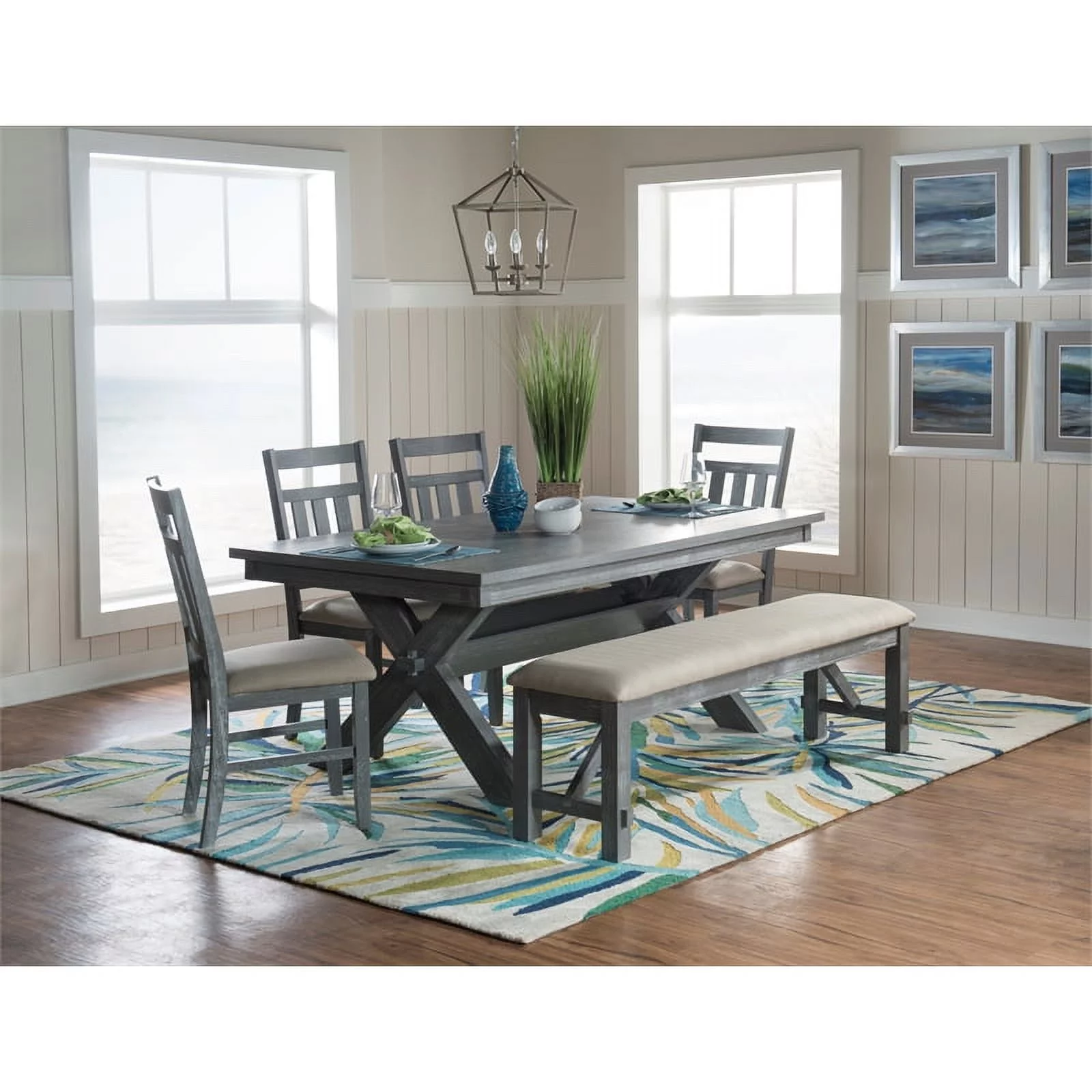 Turino Farmhouse 6-Piece Dining Set, Weathered Gray Base with Tan Fabric