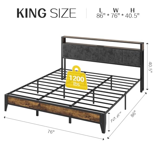 OLEVS Full Bed Frame with Headboard, Metal Platform Bed Full Size with 2-Tier Storage, LED Light & Charging Station Type C, No Box Spring Needed