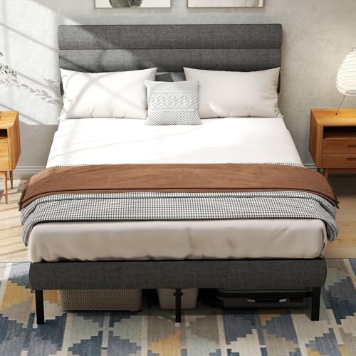 Full Bed Frame with Linen Upholstered Headboard, Metal Platform Bed Frame Full Size with 14