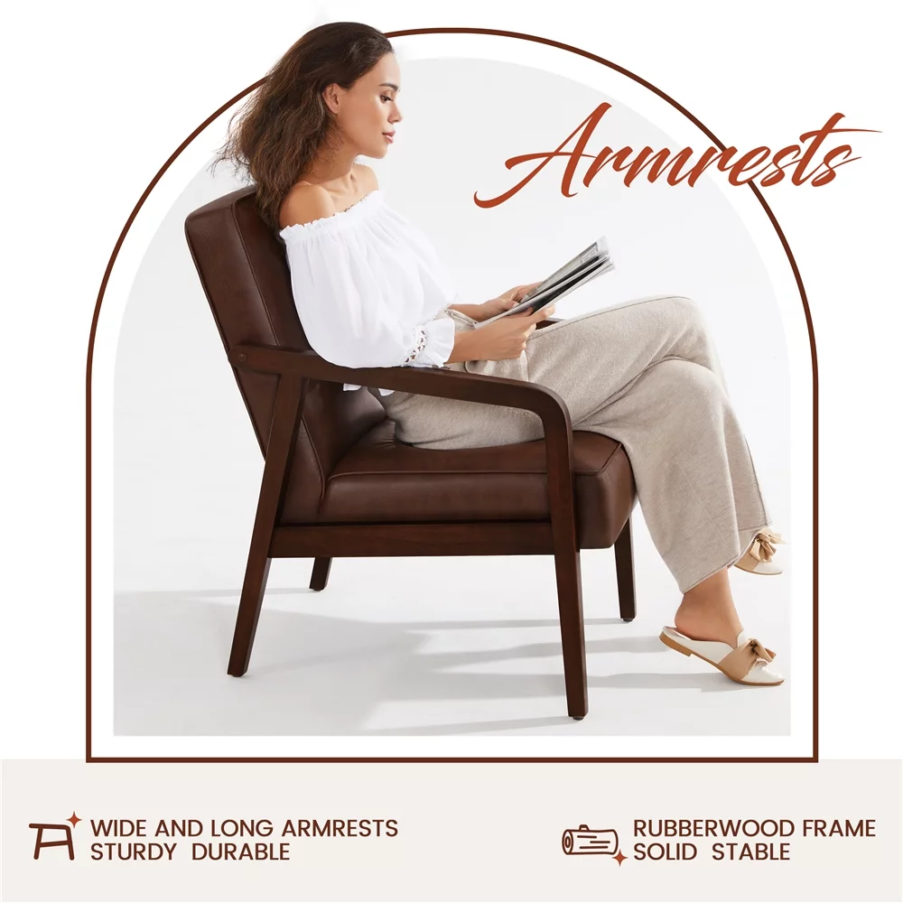 Topeakmart Modern Upholstered Faux Leather Accent Armchair with Solid Wood Frame, Dark Brown