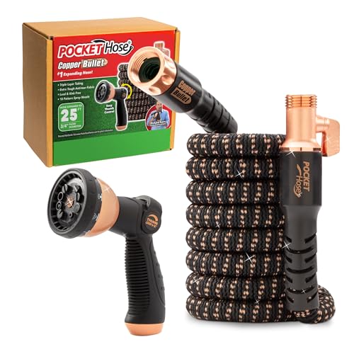 Pocket Hose Copper Bullet Expandable Garden Hose 25 FT w/10 Pattern Thumb Spray Nozzle AS-SEEN-ON-TV 650psi 3/4 in Patented Lead-Free Ultra-Lightweight Solid Copper Anodized Aluminum Fittings No-Kink