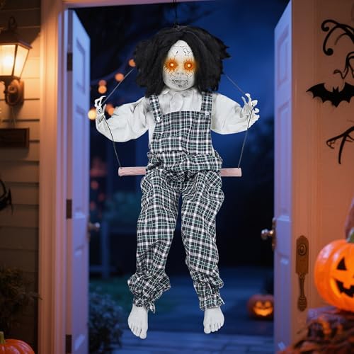 Prsildan 6.6FT Hanging Witch Halloween Decorations Outdoor, Animated Talking Witches with Color-Changing LED Eyes & Scary Sounds, Touch & Sound Sensor Halloween Decor for Yard Porch Haunted House