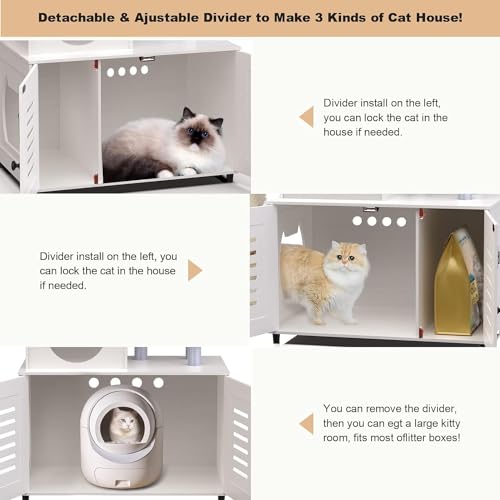 White All-in-one Cat Cabinet with Litter Box Enclosure, Scratching Post, Soft Plush Perch and Divider