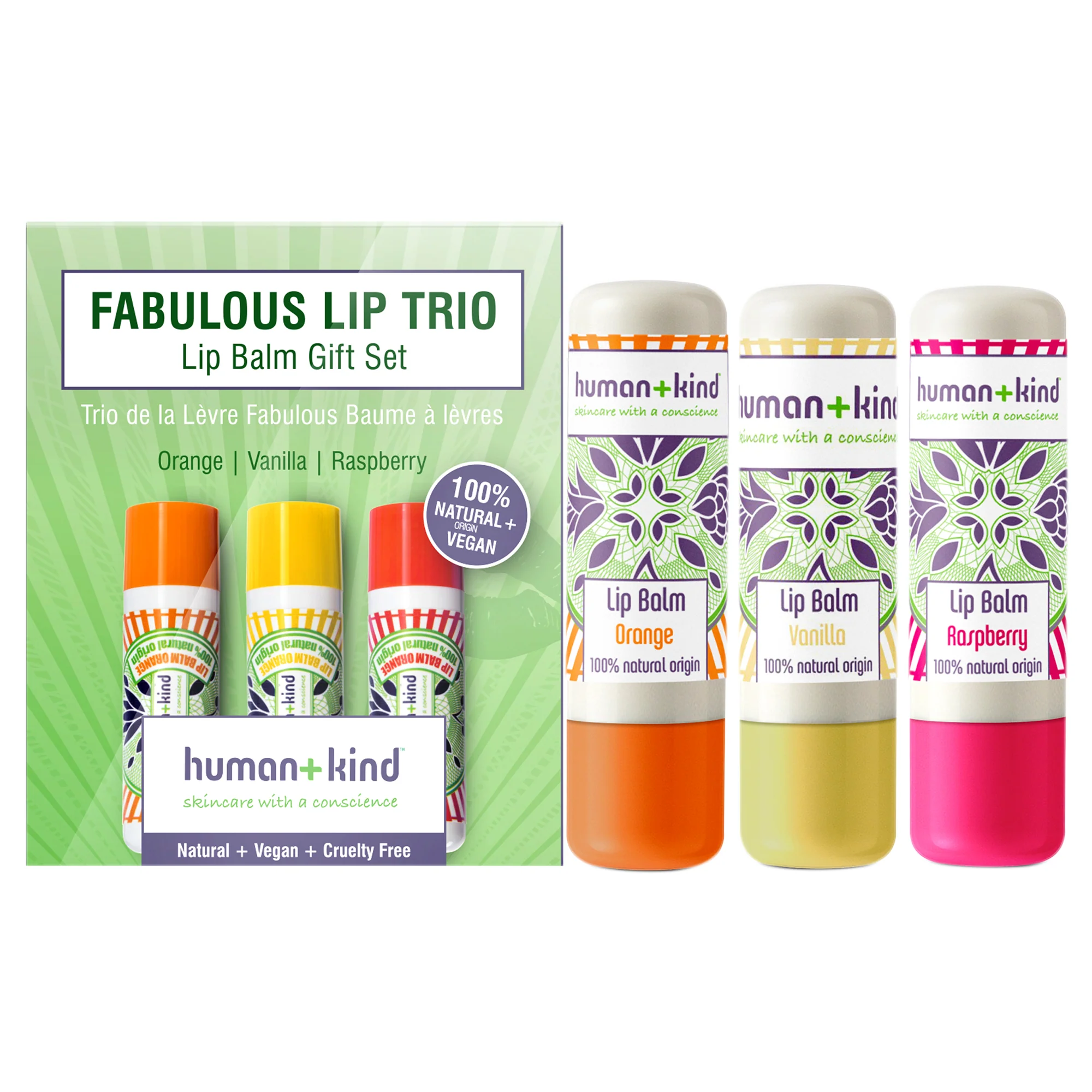 Human+Kind Fabulous Lip Balm Trio by Human+Kind for Women - 3 Pc 0.17oz Lip Balm - Orange, 0.17oz Lip Balm - Vanilla, 0.17oz Lip Balm - Raspberry