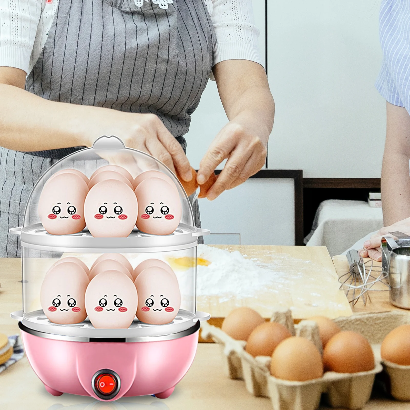 Double Layer Egg Cooker 14 Egg Capacity Hard Boiled Egg Cooker -dry Electric Egg Boiler with 40mL Measuring Cup Steam Vegetables