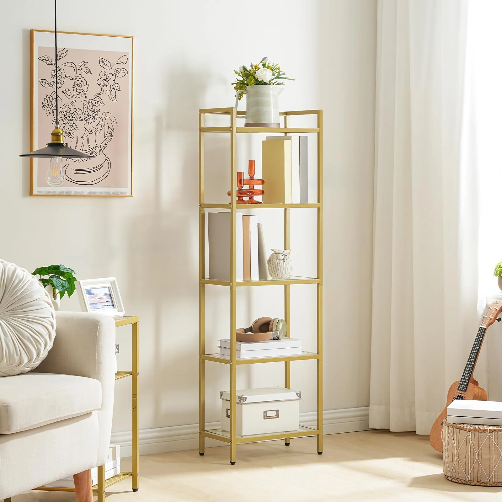 5-Tier Gold Bookcase: Tempered Glass Bookshelves, Slim Shelving Unit for Living Room, Narrow Bookshelf for Small Spaces, Storage Rack Display Shelf for Home Office,