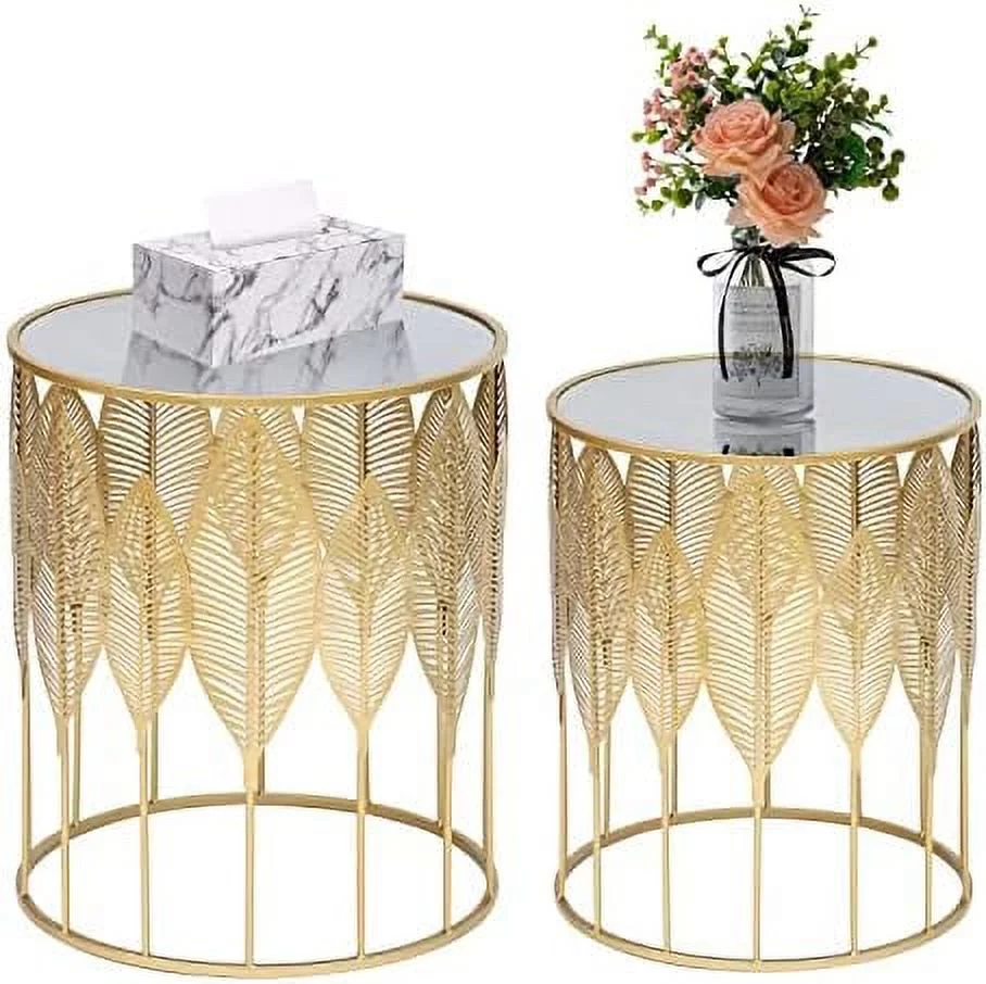 RUNFAYBIU End Tables  Gold Accent Coffee Table Indoor Outdoor Decorative Metal Nesting Side Tables Nightstands for Entryway Living Room Bedroom  Round
