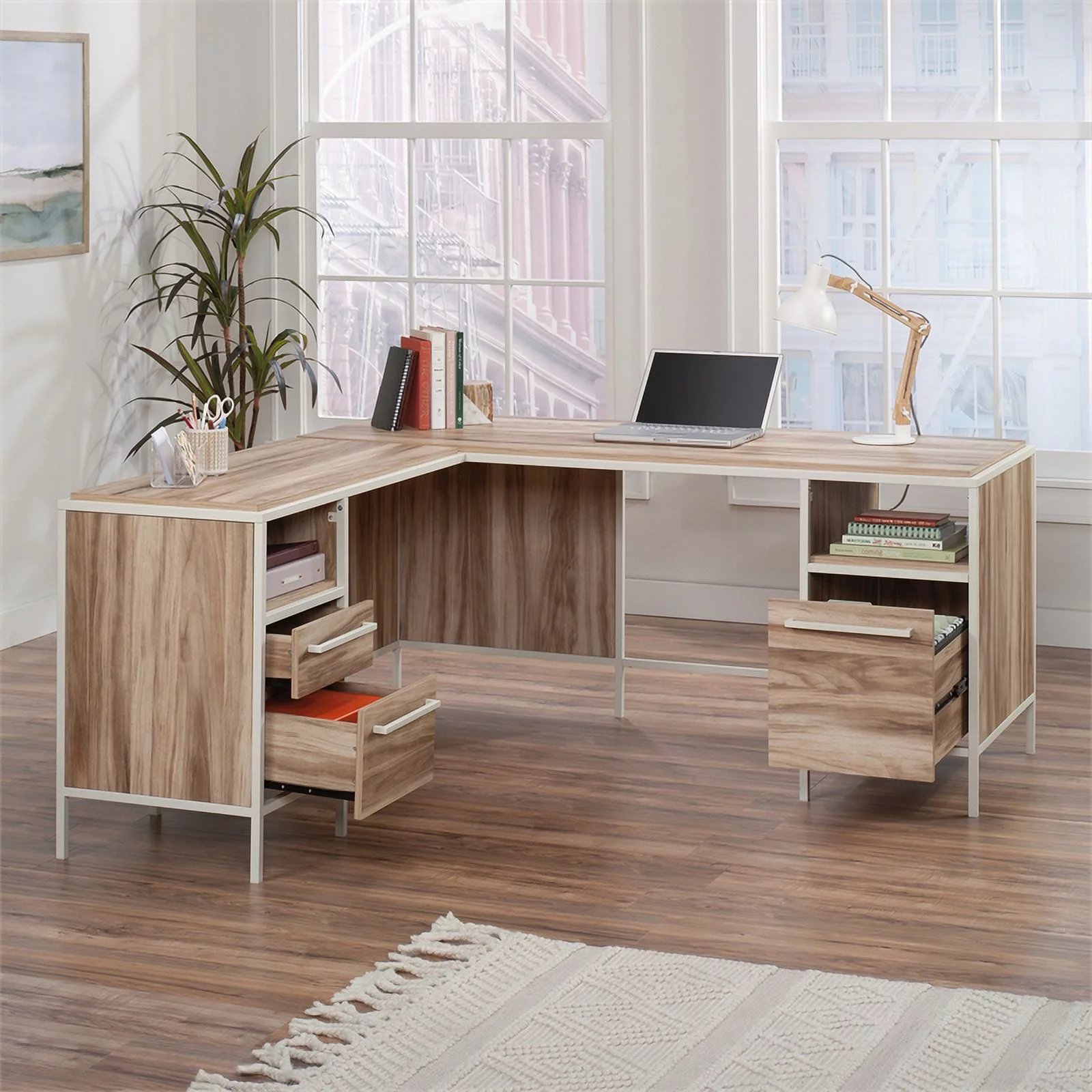 Pemberly Row Engineered Wood L-Desk in Kiln Acacia / Brown Finish