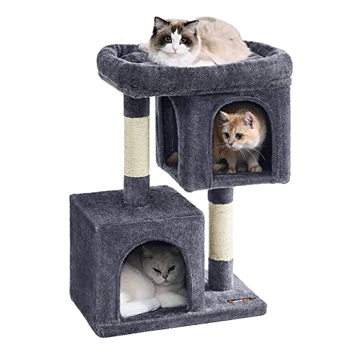 Feandrea Cat Tree, 26.4-Inch Cat Tower, S, Cat Condo for Kittens up to 7 lb, Large Cat Perch, 2 Cat Caves, Scratching Post, Light Gray UPCT611W01