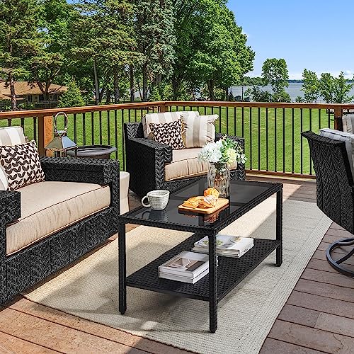 Yaheetech Outdoor Wicker Coffee Side Table, All-Weather Rattan Patio Storage Furniture with Tempered Glass Top for Garden, Black