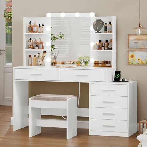 Quimoo Large Vanity Desk with LED Lighted Mirror & Power Outlet,Makeup Vanity Table with 7 Drawers,4 Shelves and 5 Hooks,Vanity Table, Vanity Desk Set for Bedroom,Bathroom,White