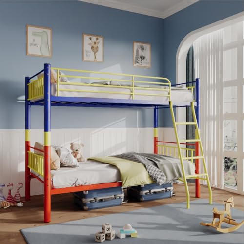 Metal Bunk Bed Twin Over Twin,Twin Bunk Beds for Adults & Kids with Ladder and Guardrail,Heavy Duty Metal Slats Support No Box Spring Needed Small Space Saving Furniture for Bedroom Dorm
