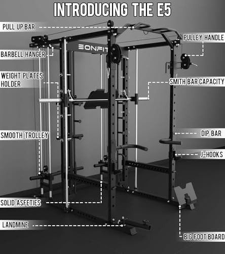 Eonfit E5 Smith Machine with Vertical Leg Press, Power Cage Squat Rack with LAT-Pull Down Cable Crossover Rotating Arms System Home Gym Equipment All in One (E5 RED)