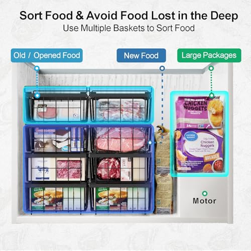 iSPECLE Freezer Organizer Bins - Fit 10 to 20 Cu.FT Deep Freezer, 4 Pack Large Expandable Stackable Chest Freezer Organizer Bins Sort Frozen Food and Easily Get without Digging in the Freezer, Black