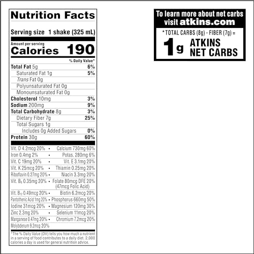 Atkins Creamy Milk Chocolate PLUS Protein Shake, 30g Protein, 7g Fiber, 2g Net Carb, 1g Sugar, Keto Friendly, Low Carb, High Protein Drink, 12 Count