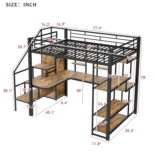 Full Size Loft Bed with Desk & Stairs, Heavy Duty Metal Loft Bed with L-Shaped Desk & Open Wardrobe for Adults, Space-Saving Bed with Bookshelves for Kids Teens, Black Natural
