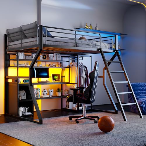 Bellemave Full Size Loft Bed with L-Shaped Desk, Full Metal Loft Bed with 6 Storage Shelves, LED Light, Charging Station, Loft Beds with Open Wardrobe, No Box Spring Needed Black