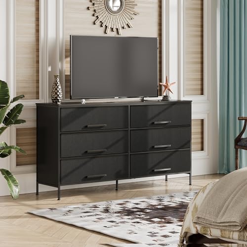WLIVE 6 Drawer Dresser for Bedroom Large, Fabric Black Dresser TV Stand for 50, 55, 60 inch TV, Wide Long Chest of Drawers with Deep Drawer for Closet, Bedroom, Living Room, Hallway