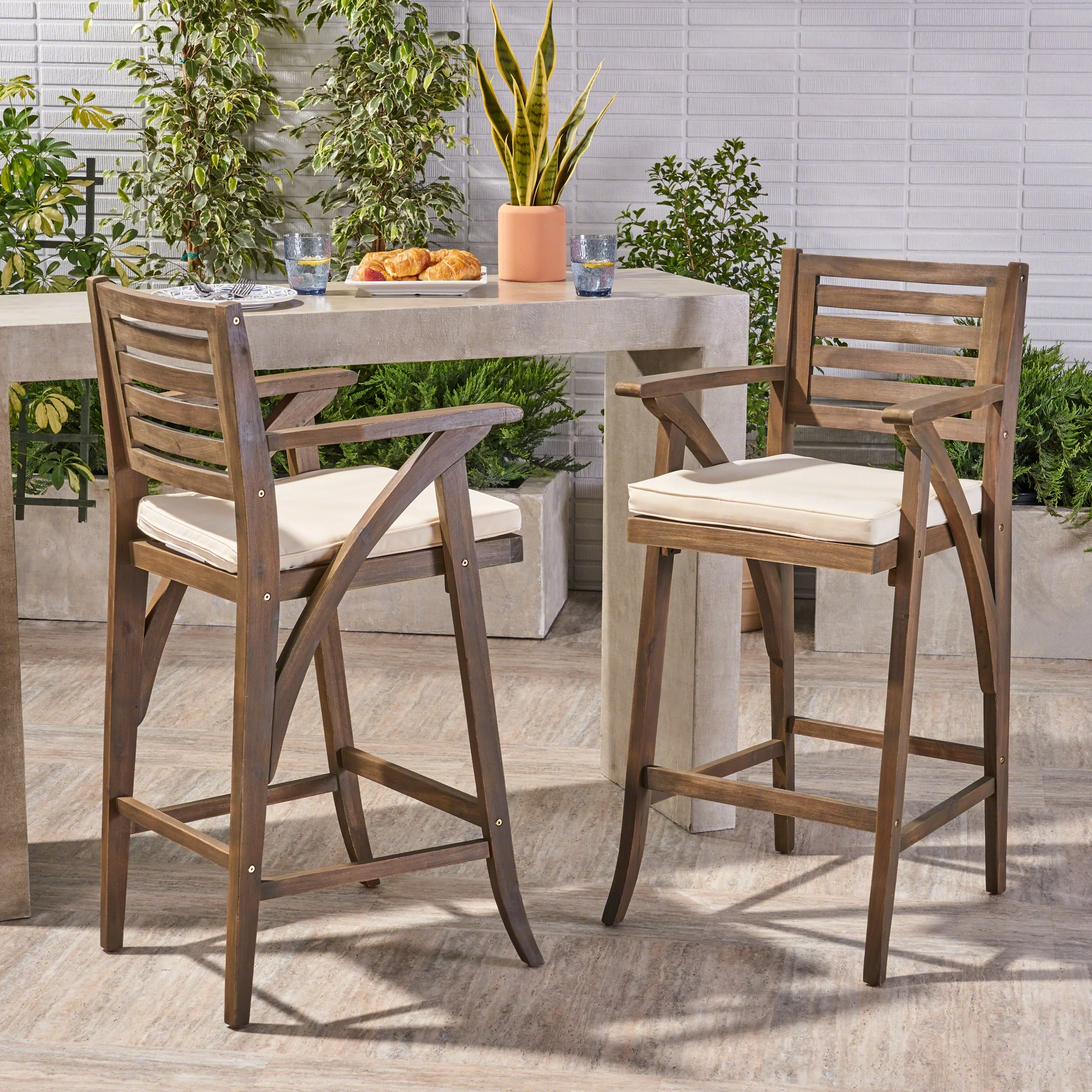Outdoor Acacia Wood Barstool with Cushion,Cream,Grey